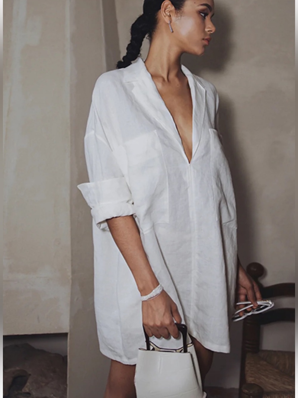 Commense Oversized Linen Pockets Semi-Sheer Long Sleeve Dress